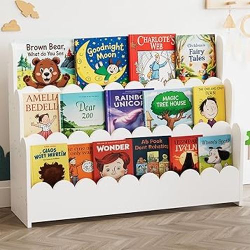 SpaceAid 3-Tier Scalloped Bookshelf, Montessori Bookcase for Toddlers, Wooden Book Shelf Organizer Display Furniture for Kids Rooms, Playroom, Nursery and Classroom, 36.7“ Wide, White