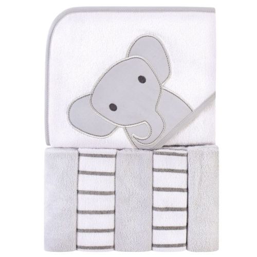 Hudson Baby Infant Unisex Hooded Towel And Five Washcloths, Modern Elephant, One Size