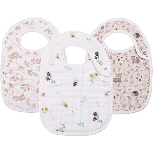 Snap Muslin Bibs for Girls, 3-Pack Baby Bibs for Infants, Newborns and Toddlers, 100% Cotton Muslin Absorbent & Soft Layers, Adjustable Snaps,"Spring"