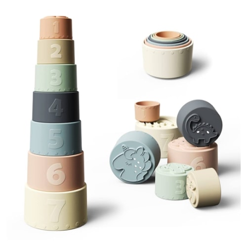 Moonkie Stacking Cups Toy, Fun Educational Baby Toys Silicone Soft Teething Toy, Age 6+ Months, 7 Piece Set