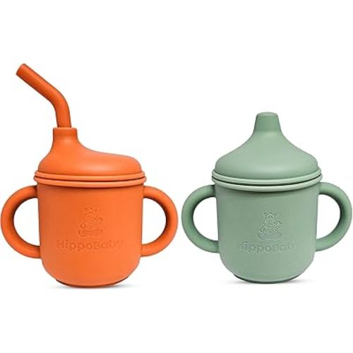 Silicone Transition Sippy Cup for 6+ month old | Includes 1 Toddler straw cup & 1 Baby Sippy Cup with Handles 5 oz| Silicone Baby Cups | Perfect for Baby Led Weaning (Autumn/Mint, 5 oz)