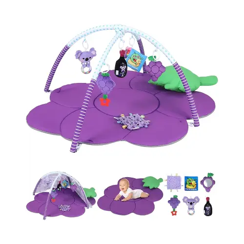 Tummy Time Mat, 9-in-1 Grape Baby Play Gym Mat, Oversize Baby Play Activity Mat with Sunshade & 6 Detachable Sensory Toys, Washable Non-Slip Mat for Newborn Infant Baby Essentials Gift