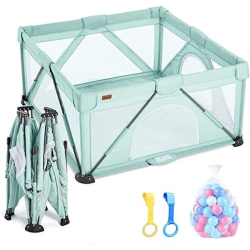 Baby Playpen Foldable, Playard for Babies and Toddlers, Portable Playpen Activity Center with 50 Balls+2 Handles for Travel, Indoor & Outdoor Play Pen with Mesh 50''x50''