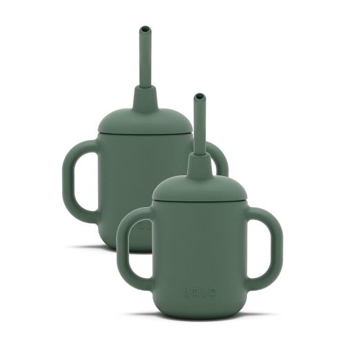 Lalo Little Cup 2-Pack, Non-Toxic Silicone Straw Cup with Handles - Baby and Toddler Sippy Cup - Mini Cup and Straw Training System, 4oz, Olive