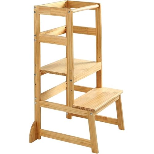 Kitchen Step Stool for Toddlers,Wiifo Adjustable Height Kids Learning Stool, Toddler Standing Tower(Natural)