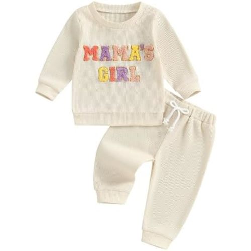 NZNDSHD Daddys Girls Baby Clothes Waffle Knit Mamas Girl Letter Embroidered Long Sleeve Sweatshirt Pants Set Fall Outfit