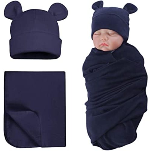PESAAT Cotton Baby Swaddle Hat Set Newborn Infant Hats Receiving Blankets for Baby Boys Girls