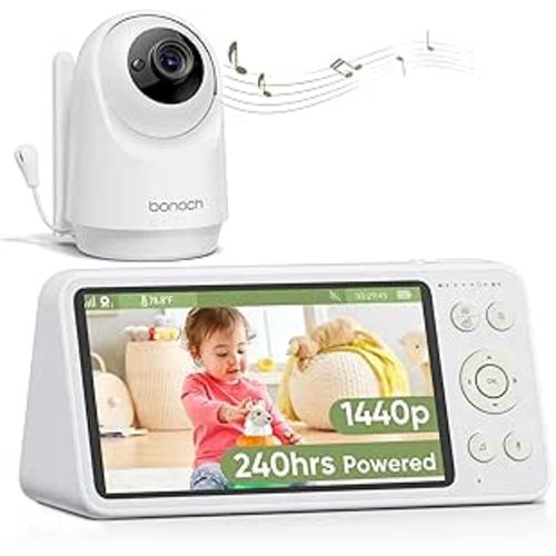 bonoch 5.5" 1440p Baby Monitor with Camera and Audio, No WiFi Baby Camera, 240h Lasting, Smart Detect Sleep Turn Over/Cry/Motion, 7800mAh, Hack Proof Video Monitor, Built-in Sound Machine White Noise