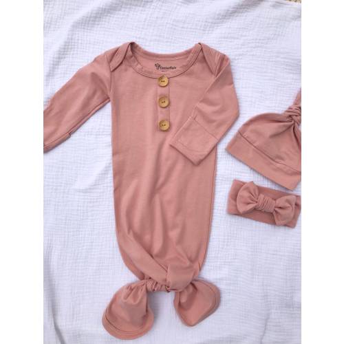 DUSTY ROSE Organic Cotton Knotted Gown, 0-3 months ,Going Home Set, Shower Gift, New Baby, Girl
