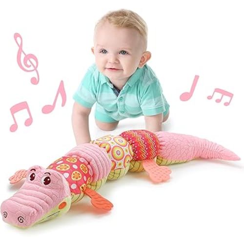LIGHTDESIRE Baby Toys Musical Crocodile,Infant Toys Stuffed Animals Toy with Ruler Design and Ring Bell,Baby Teething Toy for Tummy Time Newborn Boys Girls 0 3 6 12 Months(Pink)