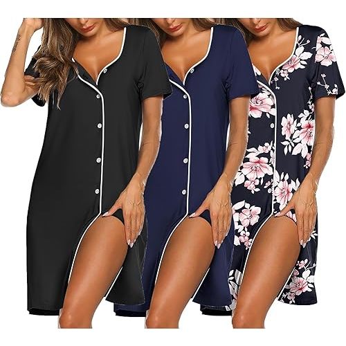 Ekouaer Nightgowns for Women 3 Pack Sleep Shirts Button Down Pajama Dress Short Sleeve Nightshirt Sleepwear Nightdress