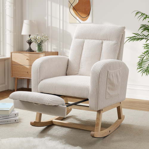 FFH Rocking Chair for Nursey, Rocking Chair with Footrest, Corduroy Armchair with High Backrest and Side Pockets, Accent Chair for Living Room, Bedroom, Beige