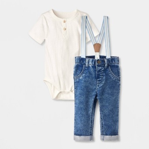 Baby Boys' Denim Suspender Set - Cat & Jack™ Cream 0-3M