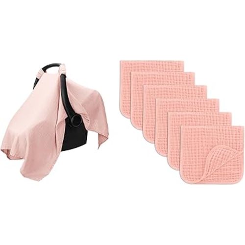 Baby Car Seat Cover and Muslin Burp Cloths, Pack of 6 Bundled by Comfy Cubs