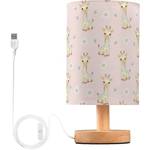 Cartoon Giraffe Flowers Pink Pattern Bedside Table Lamp for Bedroom Nightstand Lamp with Wood Base & Round Flaxen Fabric Shade Night Stand Light Lamp for Living Room Dorm Home Office Reading Working