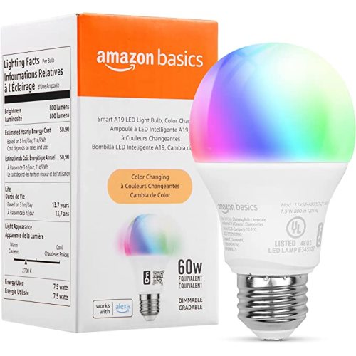 Amazon Basics - Smart A19 LED Light Bulb, 2.4 GHz Wi-Fi, 7.5W (Equivalent to 60W) 800LM, Works with Alexa Only, 1-Pack, Certified for Humans, Multicolor
