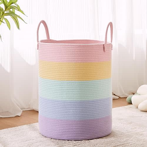 Rainbow Girls Kids Hamper Laundry Basket for Baby Nursery Clothes Blanket Basket for Toy Pastel Unicorn Woven Rope Hamper in Playroom Bedroom