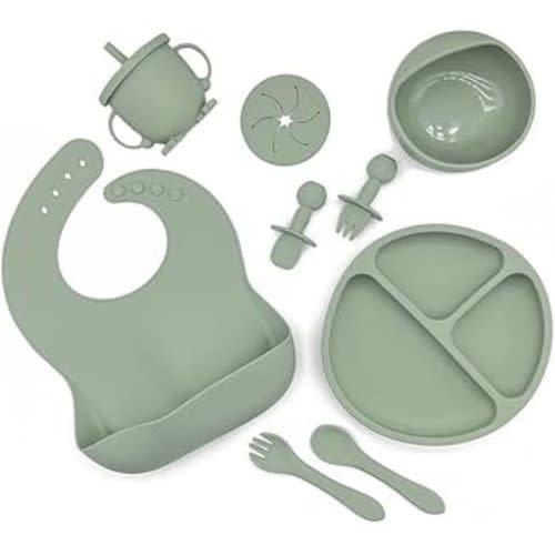 10pc Silicone Baby Feeding Set | No Mess Divided Suction Plate, Suction Bowl, Spoon and Fork, Silicone Bib and Sippy Cup with Snack Cup Attachment | Baby Led Weaning Feeding Utensils | (Olive) : Amazon.com.au: Baby