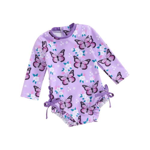 Suealasg Toddler Girls One Piece Swimsuits Long Sleeve Floral Butterfly Print Sun Protection Swimwear 0-3 Years Baby Girls Summer Swimming Bathing Suit Beachwear