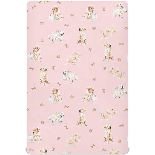 Crib Sheets for Boys Golden Retriever Toddler Baby Girl Sheets for Crib,Neutral Mini Crib Nursery Mattress Sheets Fitted,Crib Mattress 52 * 28 * 9In Pink