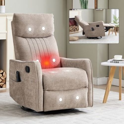 KTMBDW Massage Swivel Rocker Recliner with Heat and Vibration, Soft Manual Recliner Chair, Comfy Chenille Fabric Heated Recliner, Khaki