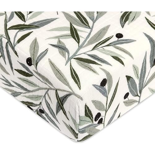 Babyletto 100% Organic Cotton Crib Sheet, GOTS-Certified, Fitted 360°, Ultra-Soft and Breathable Muslin - Olive Branches