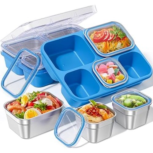 Snackle Box Containers, Stainless Steel 5 Compartments Divided Serving Tray with Lid, Removable LeakProof Portable Bento Box for Fruit Candy Nuts Food - School, Picnic and Travel（Blue）