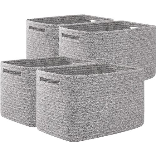 OIAHOMY 4 Pack Storage Baskets for Organizing, Cube Storage Bins for Shelves, Rectangle Storage Baskets With Handles, Woven Baskets for Storage, 12.7''Lx9''Wx7.8''H, Grey