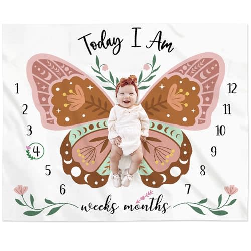 Gicoherero Boho Baby Blanket Butterfly Monthly Milestone Bohemian Floral Girl Photo Prop Sage Green and Pink Blanket Ideas for Personalized Baby Stuff Shower Newborn Decorations Nursery Gift Decor Mom