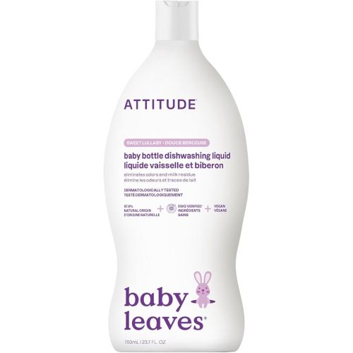 ATTITUDE Baby Dish Soap and Bottle Cleaner, EWG Verified Dishwashing Liquid, No Added Dyes or Fragrances, Tough on Milk Residue and Grease, Vegan, Sweet Lullaby, 23.7 Fl Oz