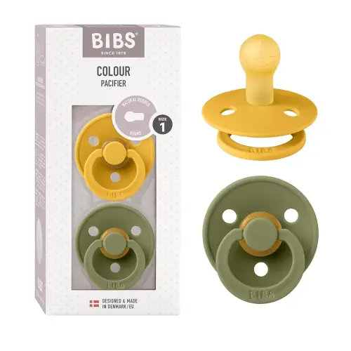 BIBS Pacifiers Colour Collection | Natural Rubber Baby Pacifier | Set of 2 BPA-Free Soothers | Made in Denmark | 0+ Months (Pack of 2) | Honey Bee/Olive
