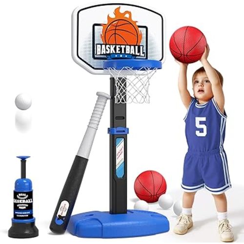 2 in 1 Toddler Basketball Hoop and T Ball Set with Automatic Pitching Machine - Adjustable Height, Kids Basketball Hoop Suit for Indoor/Outdoor, Sport Toys Gifts for Boys Age 3-5, Black