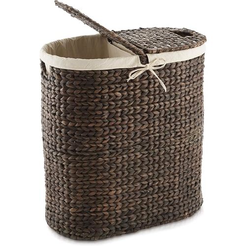 Casafield Oval Laundry Hamper with Lids and Removable Liner Bags - Espresso, Woven Water Hyacinth 2-Section Laundry Basket Sorter for Clothes and Towels
