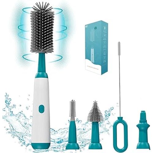 Electric Bottle Brush Set, 360°Automatic Bottle Cleaner Brush with 3 Sizes Replaceable Silicone Bottle Brush and Straw Cleaner Brush,Extension Handle for Long Bottles.IPX65& Rechargeable (Green)