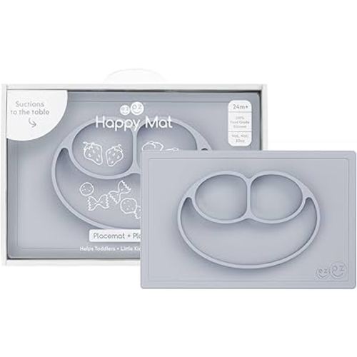 ezpz Happy Mat - 24 Months+ (Pewter) - 100% Silicone Suction Plate with Built-in Placemat for Toddlers + Preschoolers - Divided Toddler Plates - Toddler Essentials