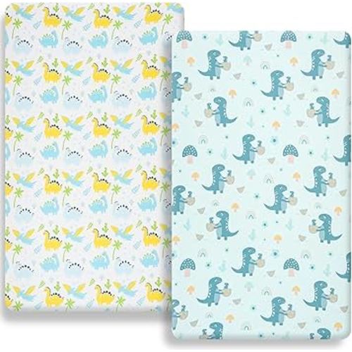 Pack n Play Fitted Sheet. 2 Piece Mini Crib Sheet. Elastic Playard Sheet. Portable Sheet Set. Elastic Convertible Playard Set. Compatible with Graco Pack n Play (More Dinosaurs)