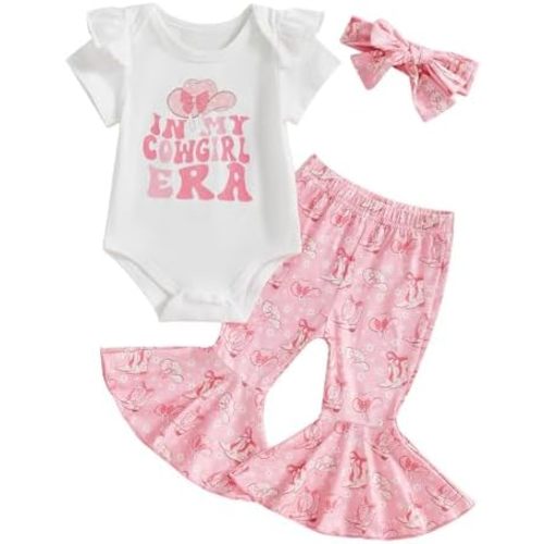 Western Baby Girl Clothes Cowgirl Boots Cow Short Sleeve Romper Flared Pants Headband Set Infant Summer Outfits