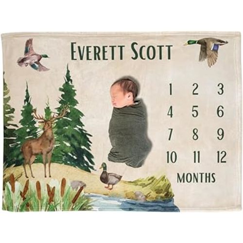 Baby Months Milestone Blanket, Duck Hunting Milestone Blankets Babys, Personalized Deer Hunting Baby Boy Name Blanket, Babys First Days, Growth Tracker, Newborn Shower Gift, Month Milestone Blankets