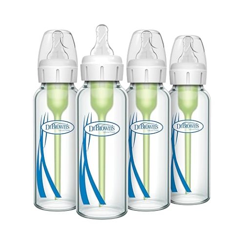 Dr. Brown's Natural Flow Anti-Colic Options+ Narrow Glass Baby Bottle 8 oz/250 mL, with Level 1 Slow Flow Nipple, 4 Pack, 0m+