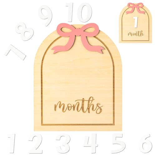 R HORSE Baby Monthly Milestone Cards, 3D Coquette Pink Bow Wooden Monthly Milestone Discs with Number Cards, Newborn Months Signs Announcement Baby Shower Photography Props Gifts for Boy Girl