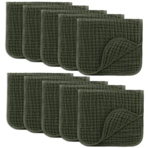 Comfy Cubs Muslin Burp Cloths - Large 100% Cotton Washcloths, 6 Layers (Kelp, 10-Pack, 20"X10")