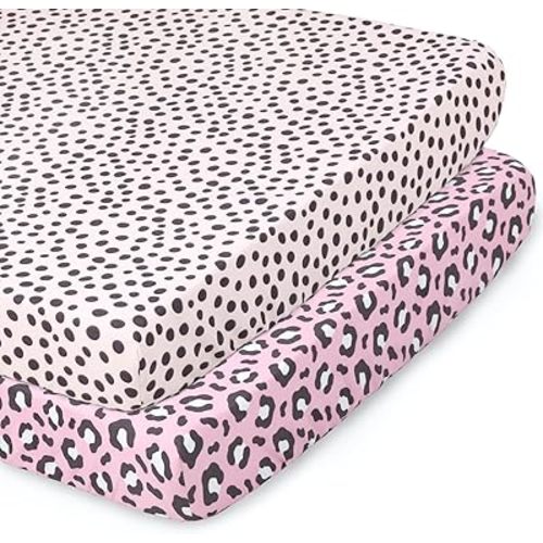 The Peanutshell Fitted Pack n Play, Playard, Mini Crib Sheets for Baby Girls | 2 Pack Set | Cheetah Animal Print