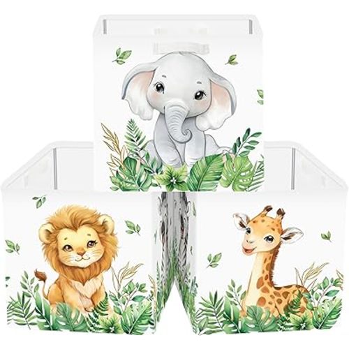 11.8" Jungle Animals Cube Storage Organizer Set 3Pcs Lion Giraffe Elephant Cube Storage Bin for Bathroom/Bedroom Parent Book Chest, Green Plant