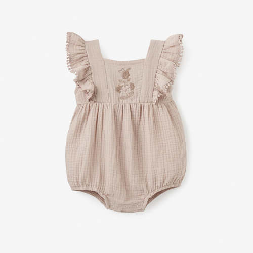 Taupe Embroidered Organic Muslin Bubble Romper TAUPE / 6-9M