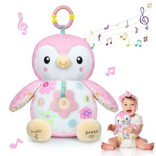 Baby Toys 0-6 Months,Musical Plush Stuffed Animal with Rattles & Crinkle Paper,Hanging Ring for Sensory Play,Tummy Time Toys for 0-12 Months Girls, Baby Girl Gift (Pink)