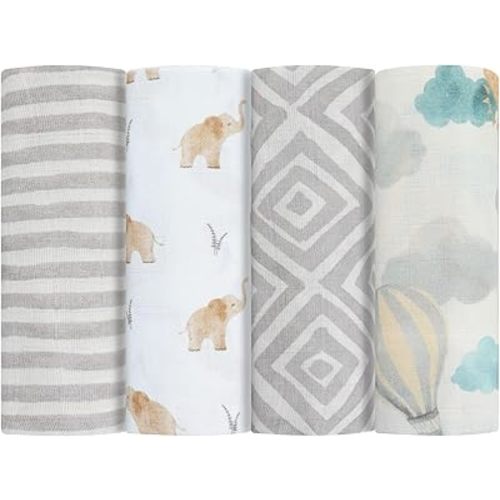 Featherhead™ 4-Pack 100% Cotton Muslin Swaddle Blankets for Baby Girl - Large 47”x 47” - Pre-Washed, Soft, & Breathable - Newborn Essential & Perfect Baby Registry Gift (4 Pack - Elephant)