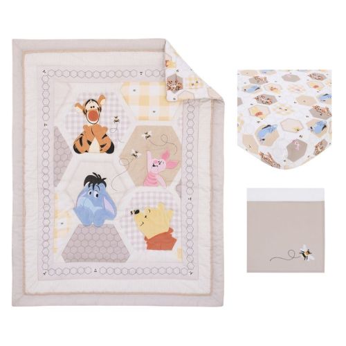 Disney Winnie the Pooh Hugs and Honeycombs Grey, White, and Tan Patchwork with Piglet, Tigger and Eeyore 3 Piece Crib Bedding Set