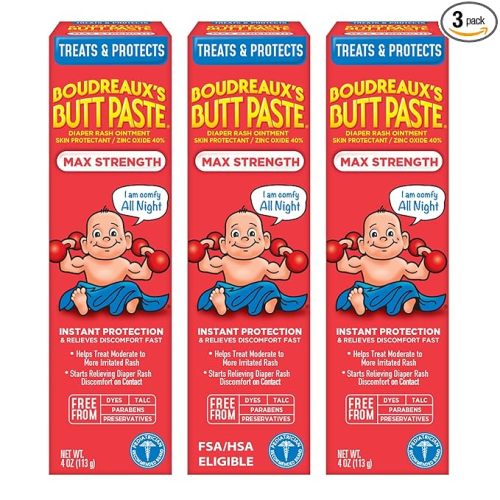 Boudreaux’s Butt Paste Max Strength Diaper Rash Cream for Baby, Ointment With Zinc Oxide, 4 oz Tubes, 3 Pack
