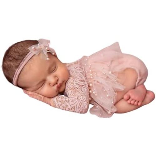 Newborn Lace Romper, Baby Girl Photography Props, Newborn Girl Photography Outfits for Infants 2 PCS, with Flower Headband