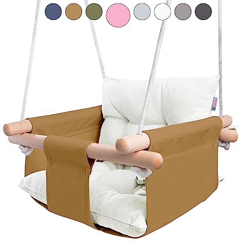 CaTeam - Canvas Baby Swing, Wooden Hanging Swing Seat Chair with Safety Belt, Durable Baby Swing Chair, Outdoor and Indoor Swing for Kids, Mounting Hardware Included, Ocher